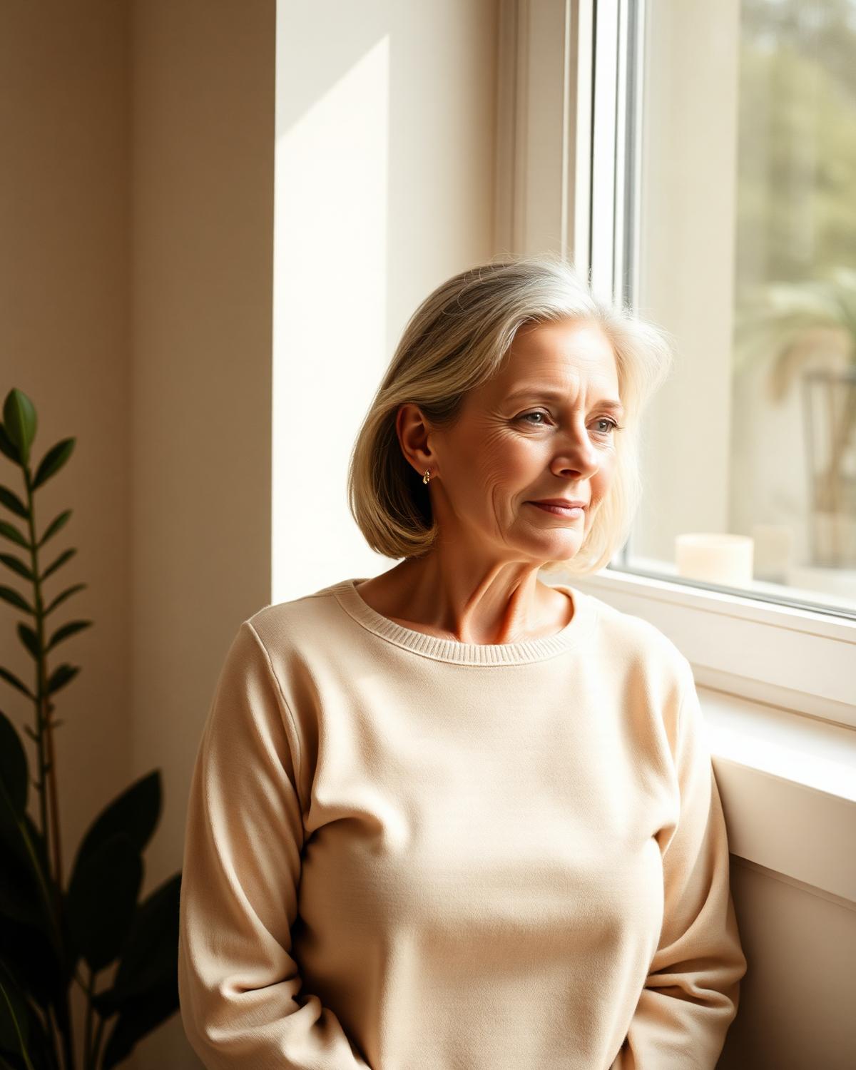 Woman in soft natural light during midlife hormone care
